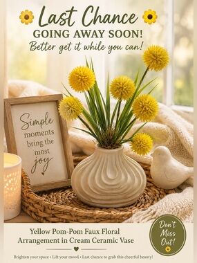 🌼🌼 Last Chance 🌼🌼 Yellow Pom-Pom Faux Floral Arrangement in Cream Ceramic Vase